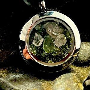 Authentic Czech Moldavite and Phenakite in Stainless Steel Floating Pendant